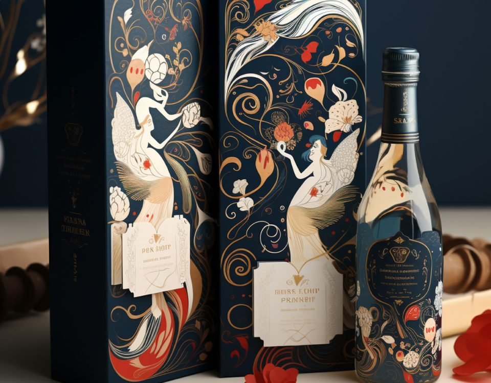 A beautiful retail display box featuring fairies and flowers for a premium branded wine.