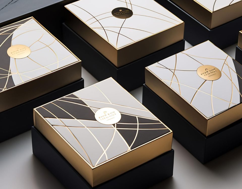 Custom gold and black printed boxes with designs.